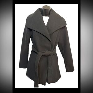 Tahari Womens Coat Wrap Faux Wool Water-Resistant Tie Belt- Black -XL